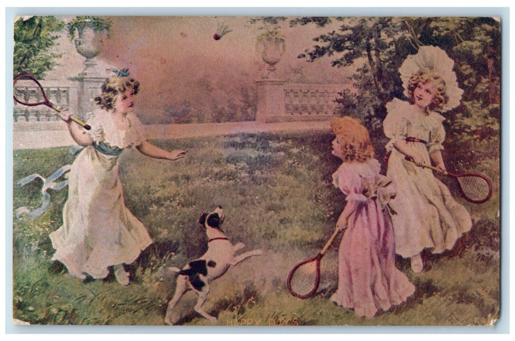 1908 Children Girls Playing Badminton Dog Ewing Missouri MO Antique Postcard