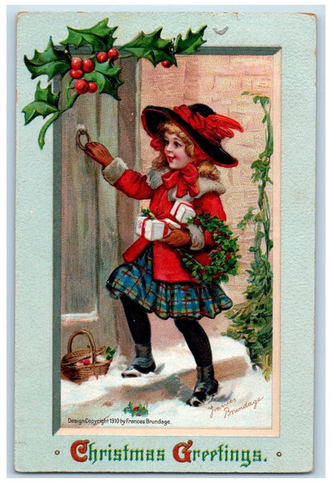 1911 Christmas Greetings Girl Knocking Door Basket Gifts Berries Posted Postcard