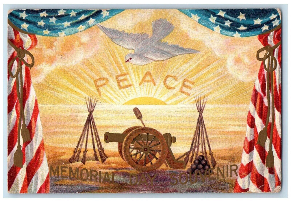 1909 Memorial Day Patriotic Curtain Peace Dove Cannon Embossed Antique Postcard