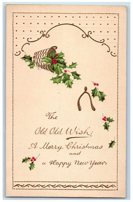 c1910's Christmas And New Year Wishbone Holly Berries Basket Minimalist Postcard