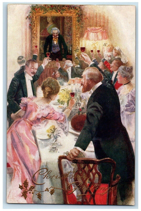 1907 Christmas Greetings Champagne Toss Oilette Tuck's Posted Antique Postcard