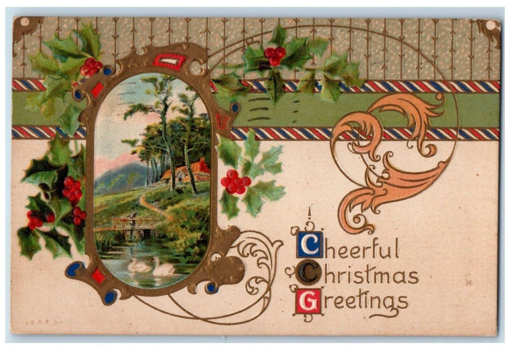 1909 Christmas Greetings Swan Pond Holly Berries Embossed St. Louis MO Postcard