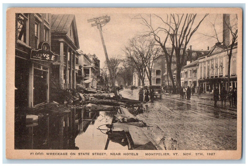 1940 Flood Wreckage State Street Near Hotels Montpelier Vermont Antique Postcard