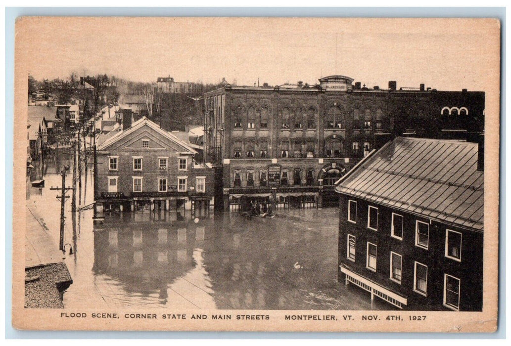 1940 Aerial Flood Scene Corner State Main Street Montpelier Vermont VT Postcard