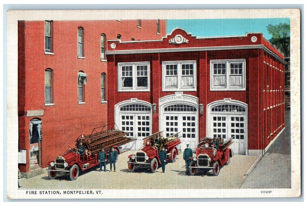 c1940 Fire Station Building Firetruck Fireman Montpelier Vermont VT Postcard