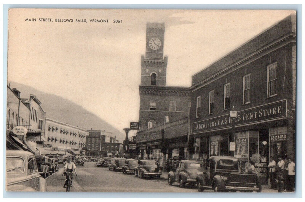 c1910 Main Street Classic Cars Bellows Falls Vermont VT Vintage Antique Postcard