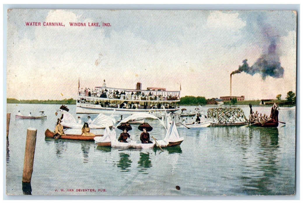 c1910 Double Deck Boat Water Carnival Winona Lake Indiana IN Antique Postcard