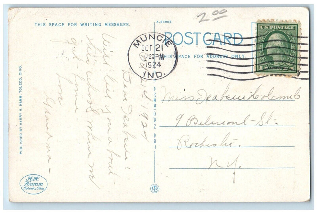 1924 High School Building Muncie Indiana IN Vintage Posted H Hamm Postcard