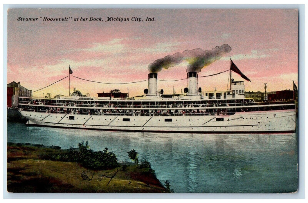 c1910 Steamer "Roosevelt" at Her Dock Michigan City Indiana IN Antique Postcard