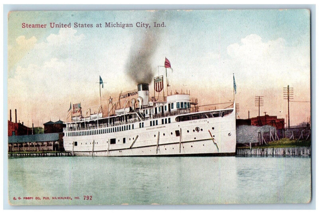 c1910 Steamer United States at Michigan City Indiana IN Antique Postcard