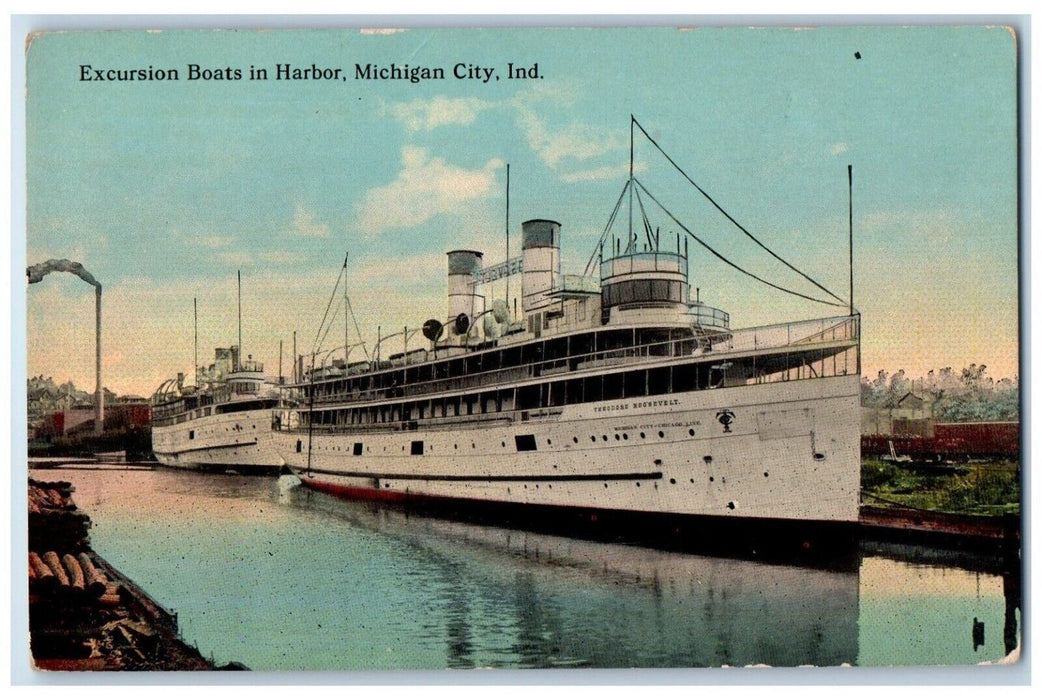 c1910 Excursion Boats in Harbor Michigan City Indiana IN Antique Postcard