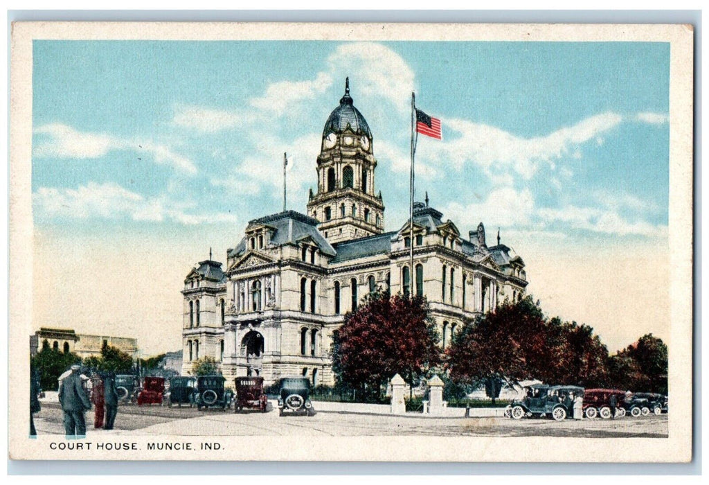 c1920's Court House Muncie Indiana IN US Flag Cars Unposted Vintage Postcard