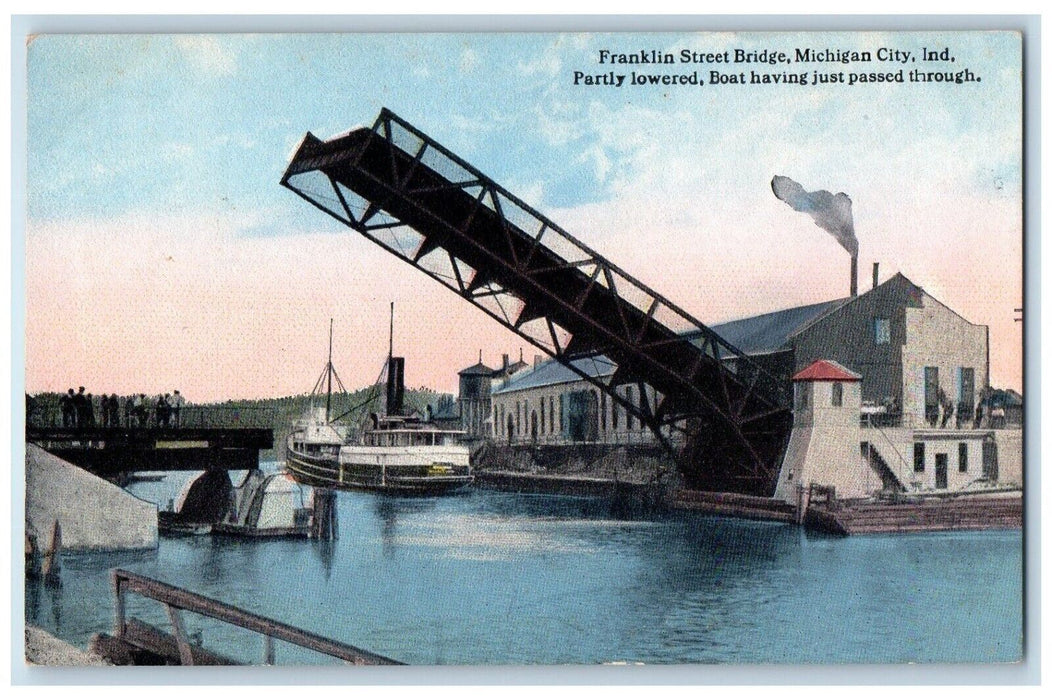 c1910 Franklin Street Bridge Michigan City Indiana IN Antique Postcard