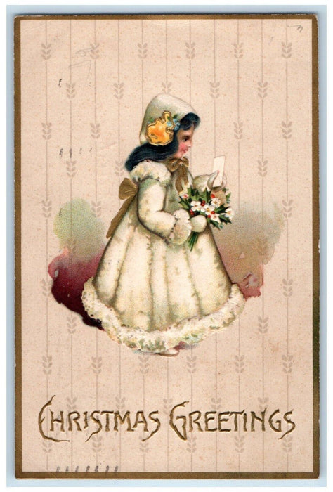 1909 Christmas Greetings Girl With Flowers Butler Missouri MO Antique Postcard