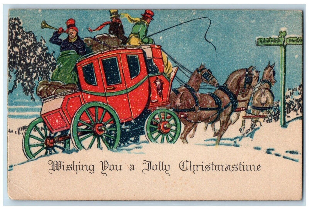 1931 Christmas Horse Carriage Boys Trumpet Arts Crafts Winton CA  Postcard