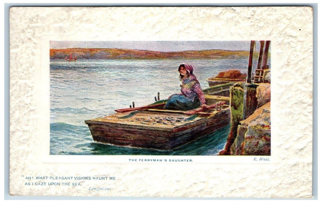 1909 The Ferrymans Daughter Woman Boat Embossed Oilette Tuck's Antique Postcard