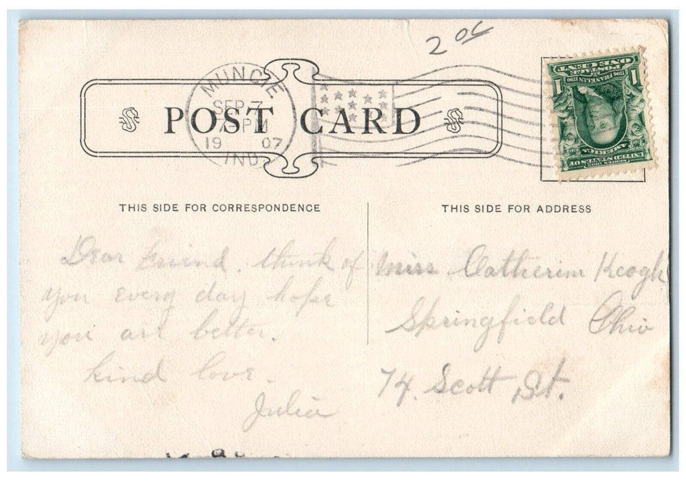 1907 View of Catholic Church Muncie Indiana IN Posted Antique Postcard