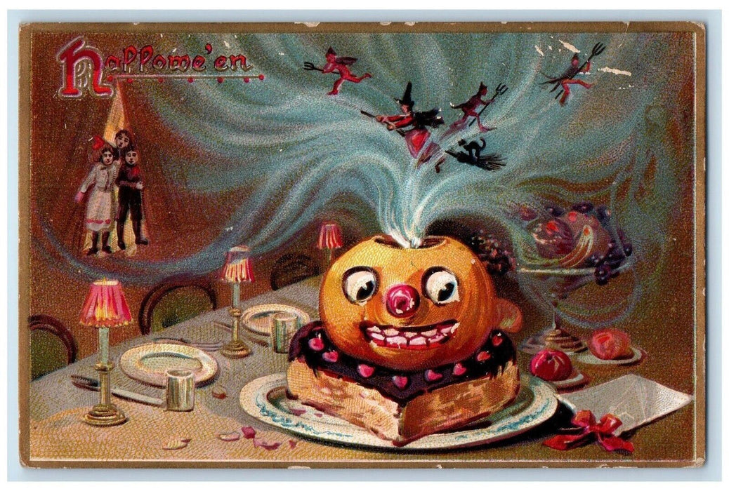 c1910's Halloween Spooky Pumpkin Cake Dinner Witch Embossed Tuck's Postcard