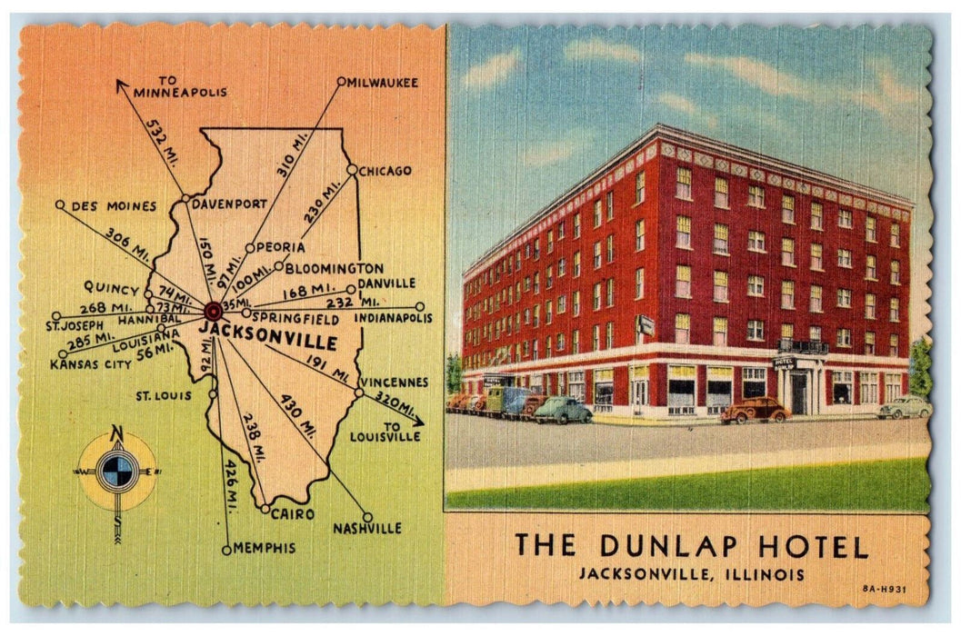The Dunlap Hotel Jacksonville Illinois IL Maps Direction Dual View Postcard