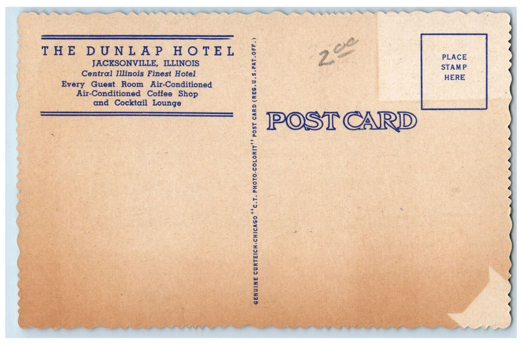The Dunlap Hotel Jacksonville Illinois IL Maps Direction Dual View Postcard