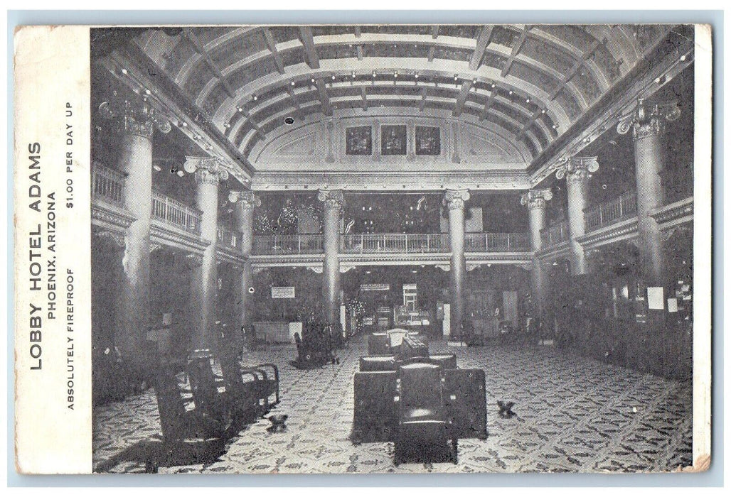 c1910's Lobby Hotel Interior View Adams Phoenix Arizona AZ Antique Postcard