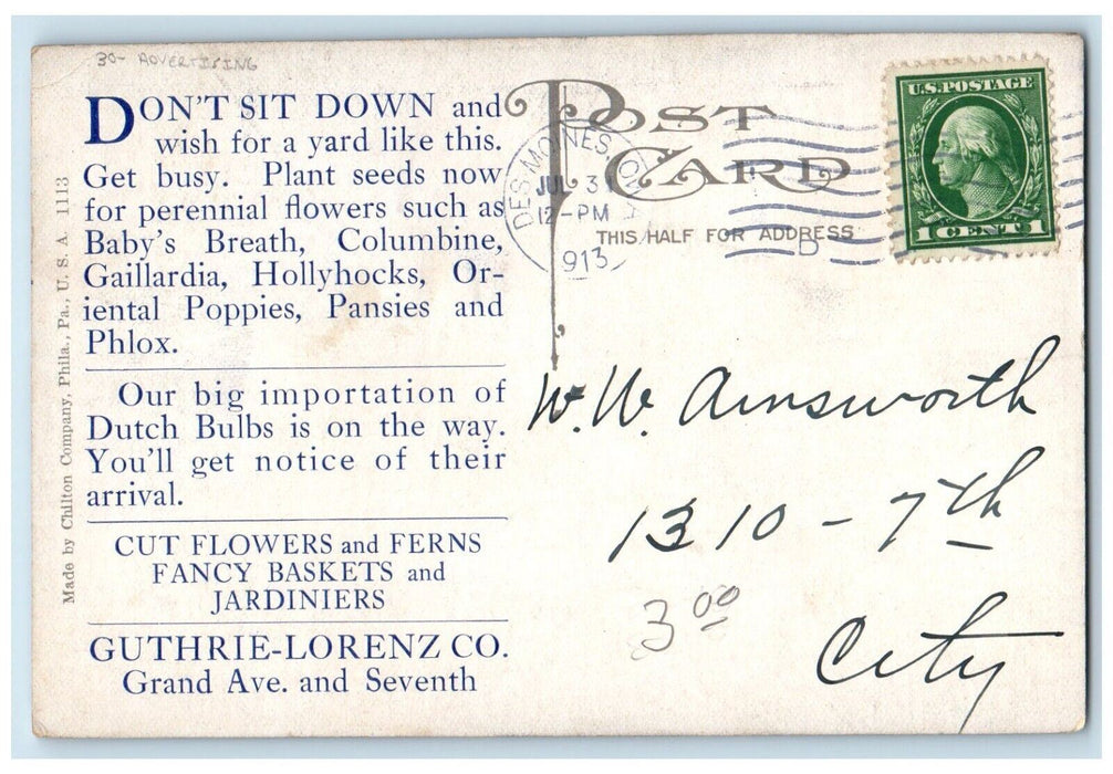 1913 Guthrie Lorenz Co. Advertising Des Moines Iowa IA Posted Antique Postcard