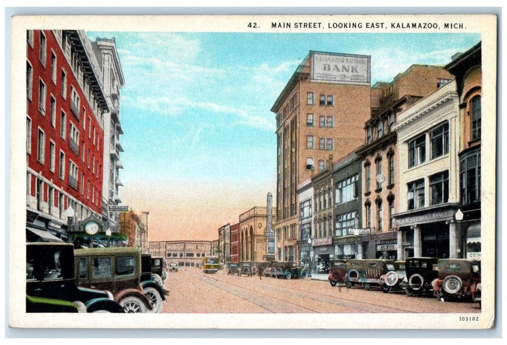 c1930's Main Street Looking East National Bank Billiards Kalamazoo MI Postcard