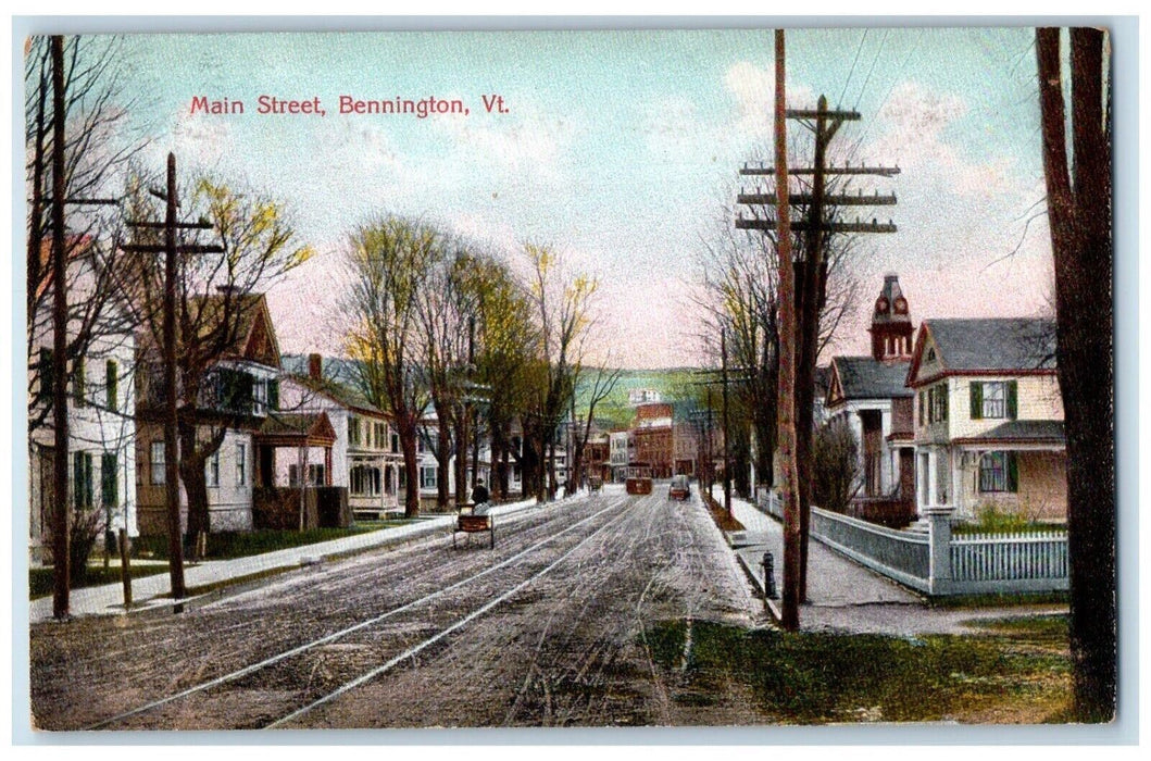 c1910 Main Street Streetcar Trolley Bennington Vermont Vintage Antique Postcard