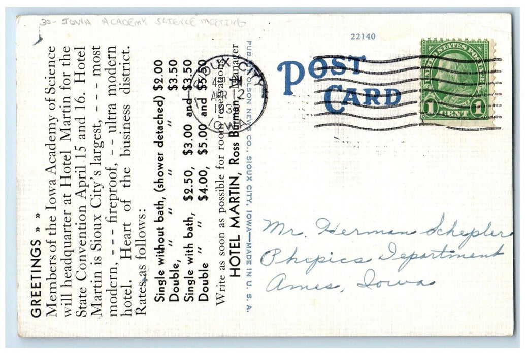 Sioux City IA, Martin Hotel Drugs Store Iowa Academy Science Meeting Postcard