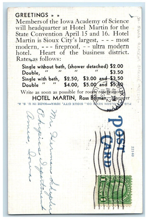 Sioux City IA, Martin Hotel Drugs Store Iowa Academy Science Meeting Postcard