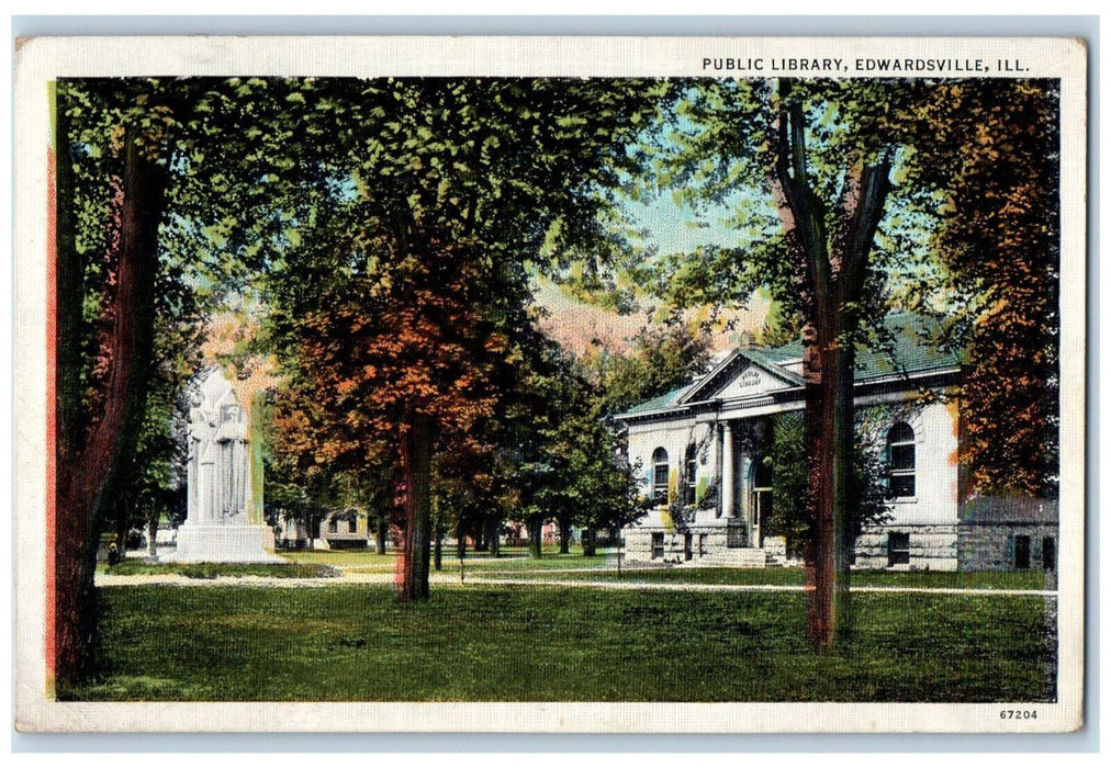 1936 Public Library Statue Garden View Edwardsville Illinois IL Vintage Postcard