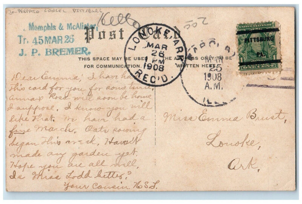 1908 Leland Hotel Springfield Illinois IL Prepaid Cancel Pittsburg Postcard