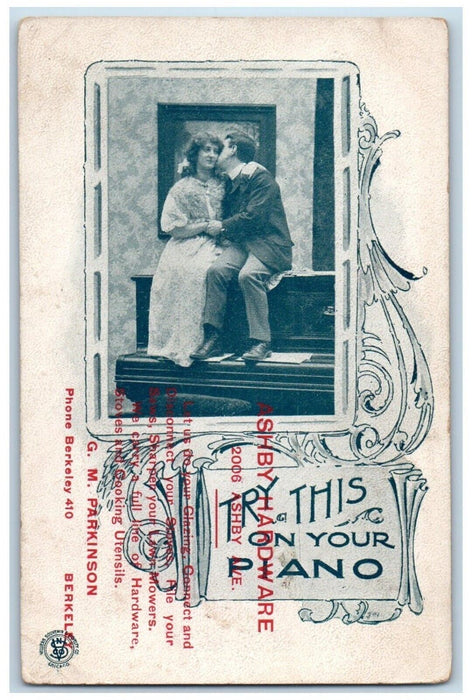 c1905 Couple Kissing Romance Piano Ashby Hardware Store Advertising Postcard
