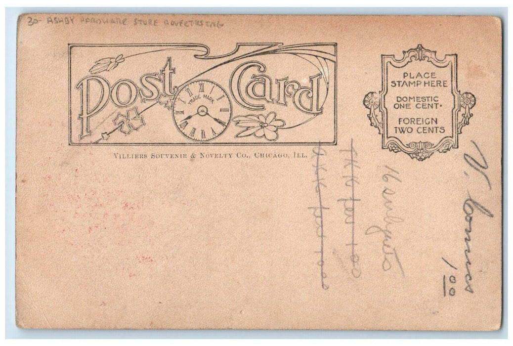 c1905 Couple Kissing Romance Piano Ashby Hardware Store Advertising Postcard