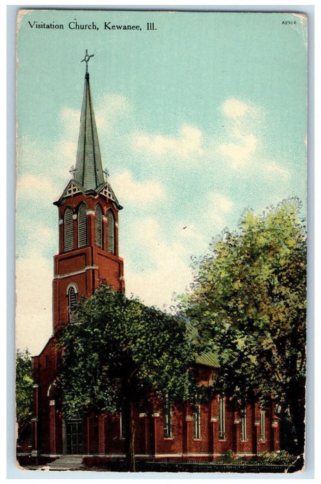 View Of Visitation Church Tree-lined Kewanee Illinois IL Antique Posted Postcard