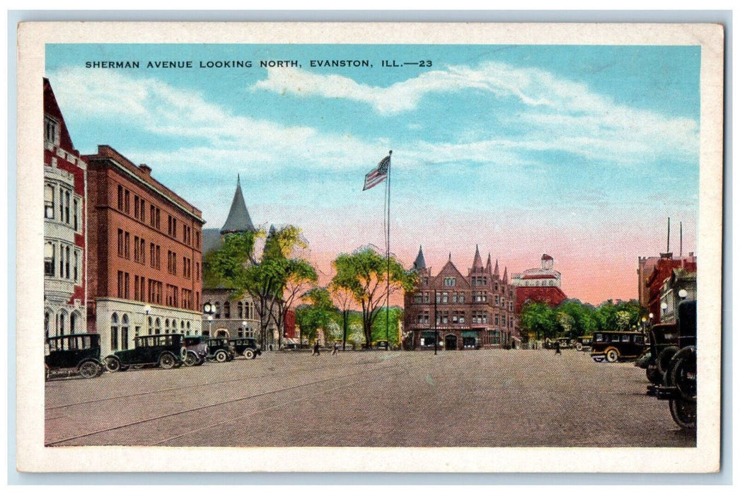 Sherman Avenue Looking North Car-lined Evanston Illinois IL Antique Postcard