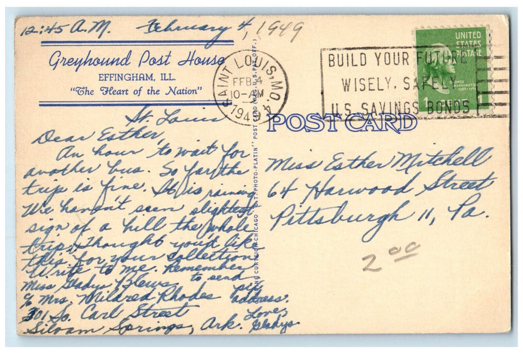 1949 Greyhound Post House Fine Food Restaurant Effingham Illinois IL Postcard