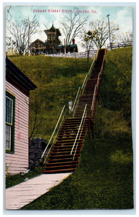 View Of Greene Street Steps Galena Illinois IL Vintage Unposted Postcard