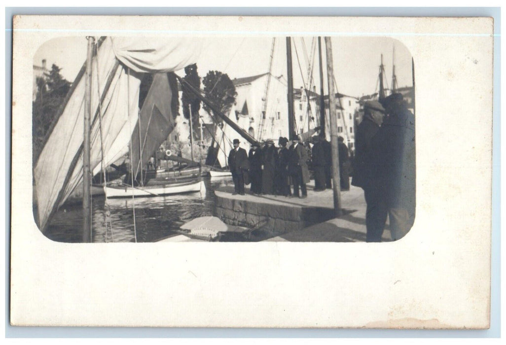 c1910's Crowd Gathering Dock Sailboats Suez Canal Egypt RPPC Photo Postcard