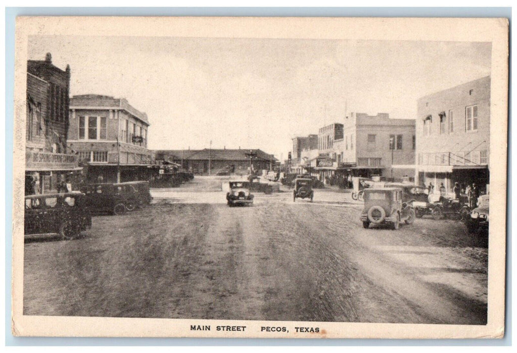 c1930's Main Street Dirt Road Cars Coca Cola Stores Pecos Texas TX Postcard