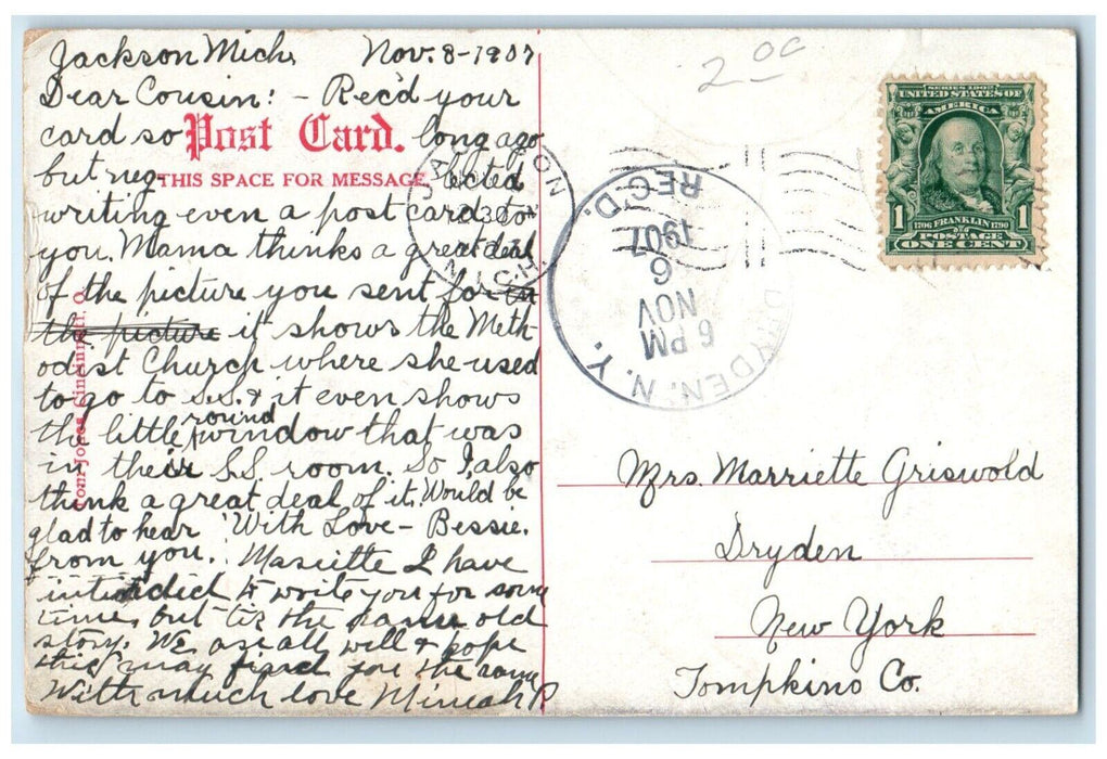1907 Front View Carnegie Public Library Jackson Michigan MI Dryden NY Postcard