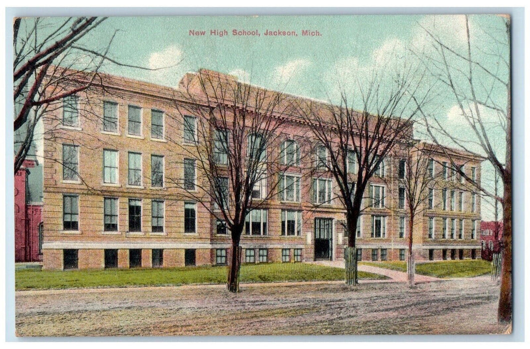 1915 New High School Jackson Michigan MI Antique Posted Drake Bros Postcard