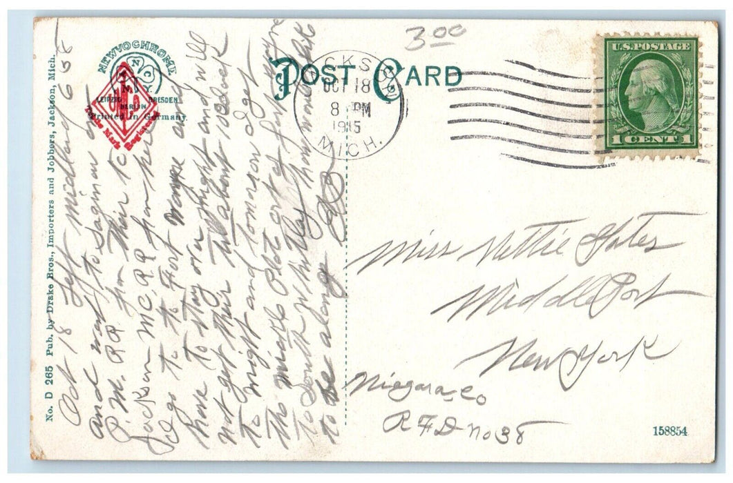 1915 New High School Jackson Michigan MI Antique Posted Drake Bros Postcard