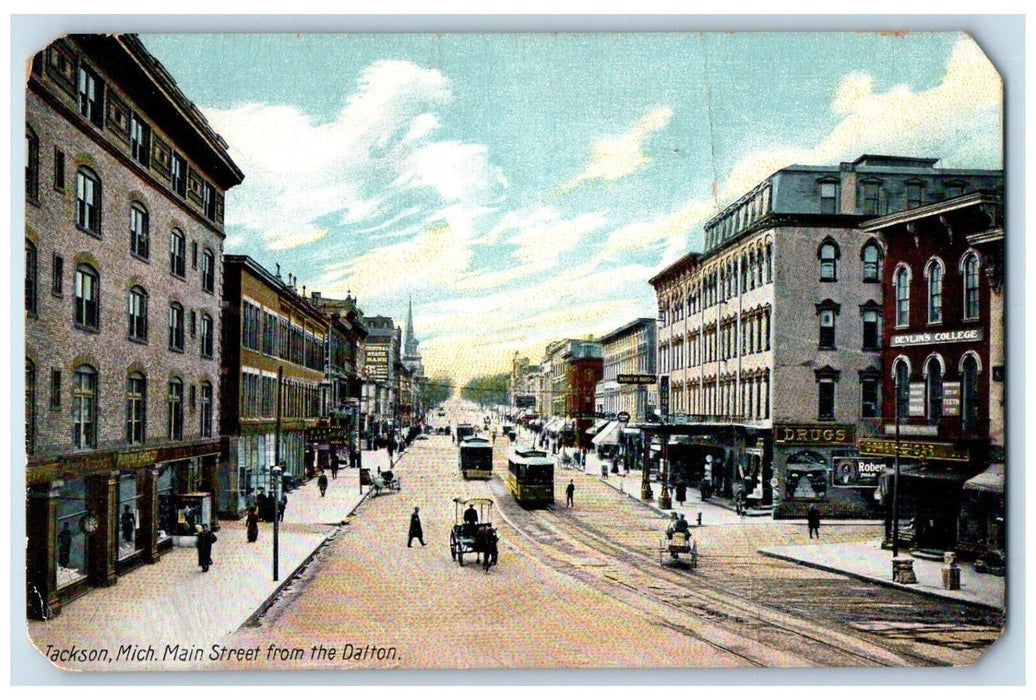c1910 Devlin's College Main Street from Dalton Jackson Michigan MI Postcard