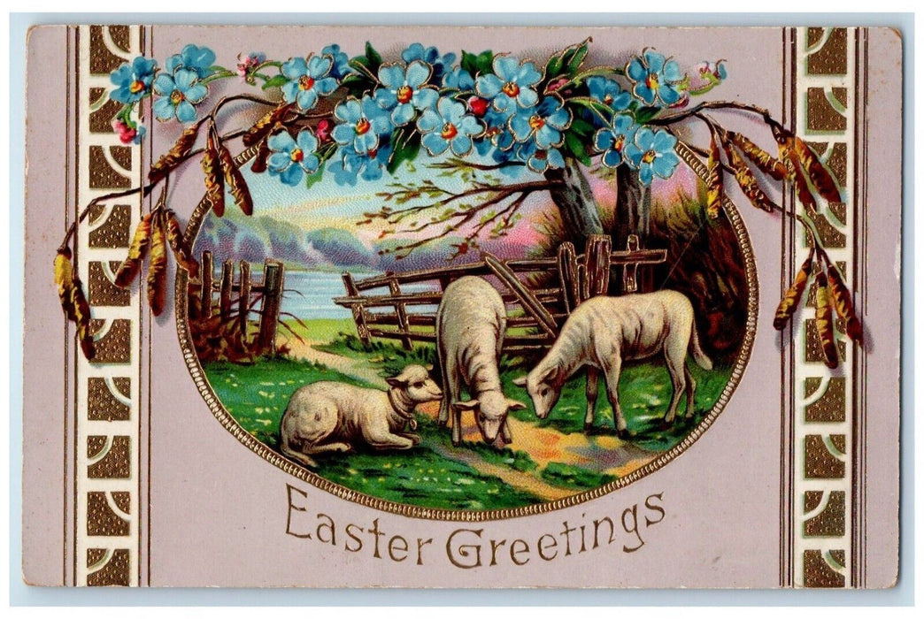 Easter Greetings Lamb Cattails Pansies Flowers Embossed Gel Gold Gilt Postcard