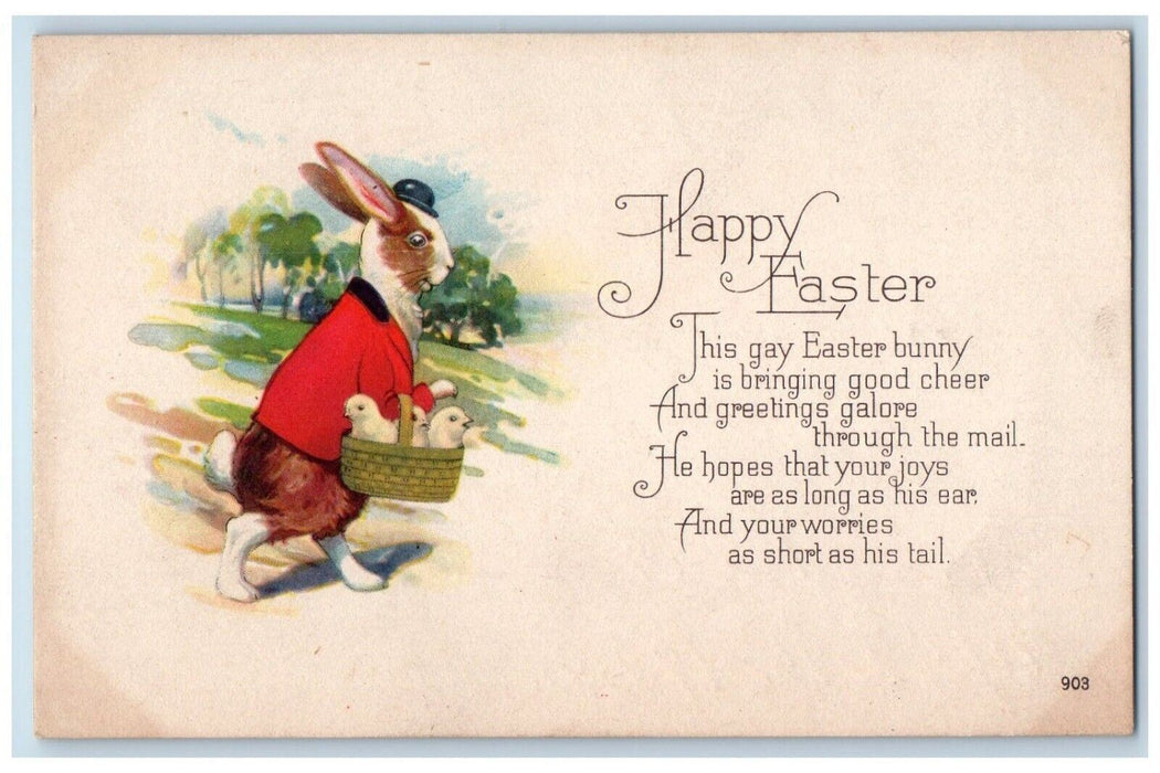 c1910's Happy Easter Anthropomorphic Bunny Rabbit Holding Basket Chicks Postcard