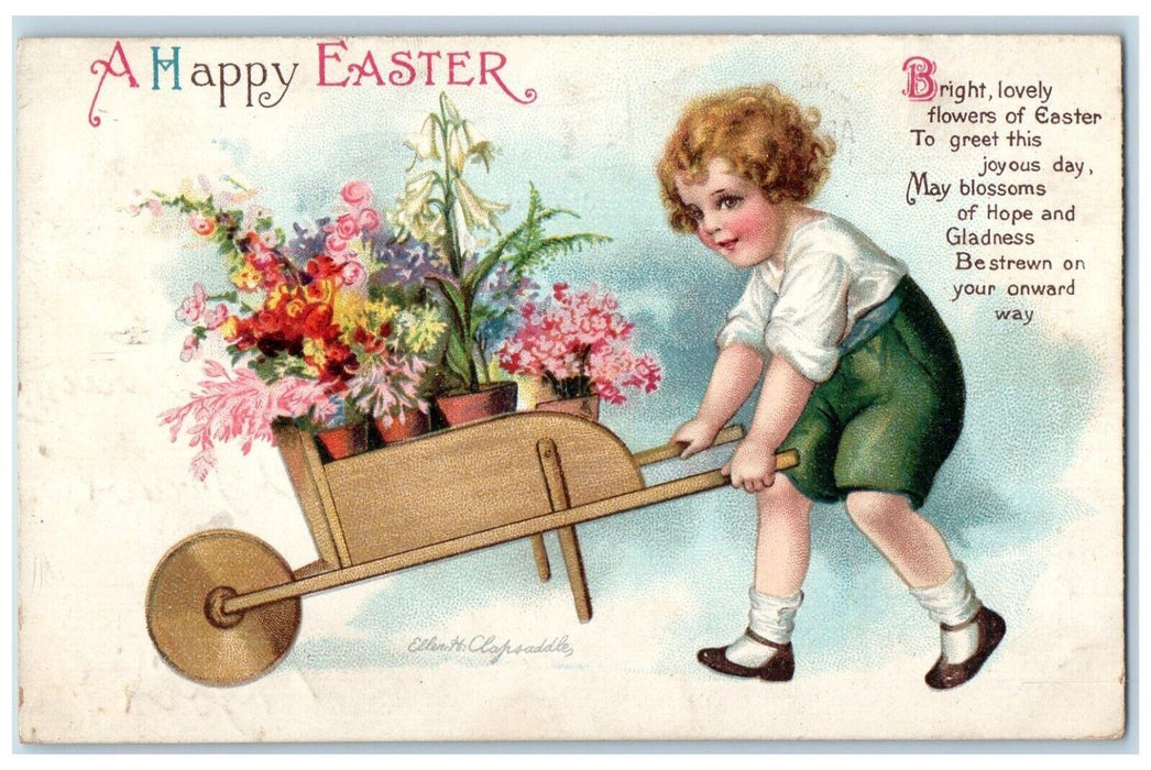 1922 Easter Girl Pushing Cart Flowers Ellen Clapsaddle Wolf Columbia PA Postcard