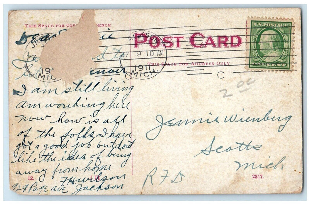 1911 High School Building Jackson Michigan MI Antique Posted Postcard