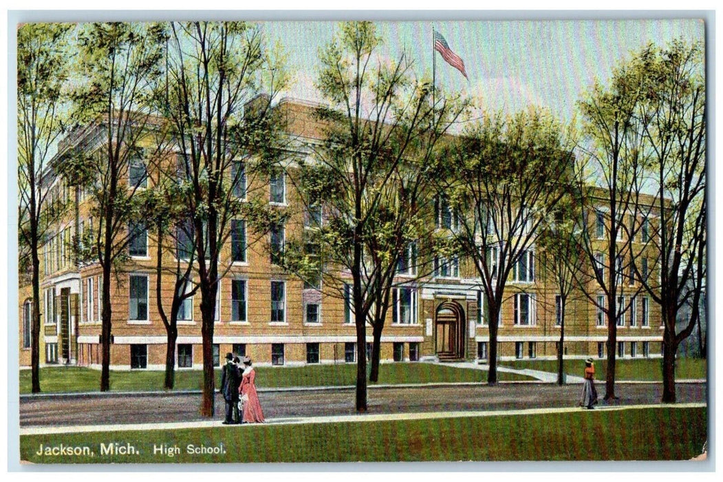 c1910 Front View High School Building Jackson Michigan MI HC Leighton Postcard