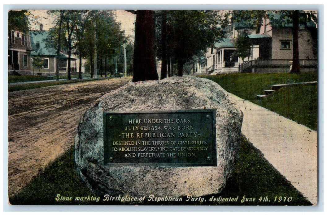 1910 Stone Marking Birthplace of Republican Party Jackson Michigan MI Postcard